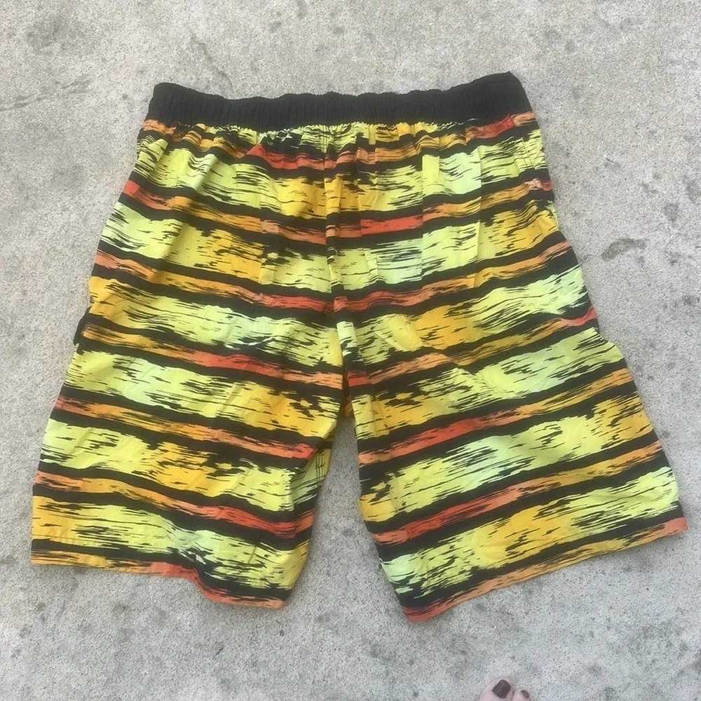 TYR Men's Yellow Orange Black Stripe Design Lined Swim Trunks Size XL
