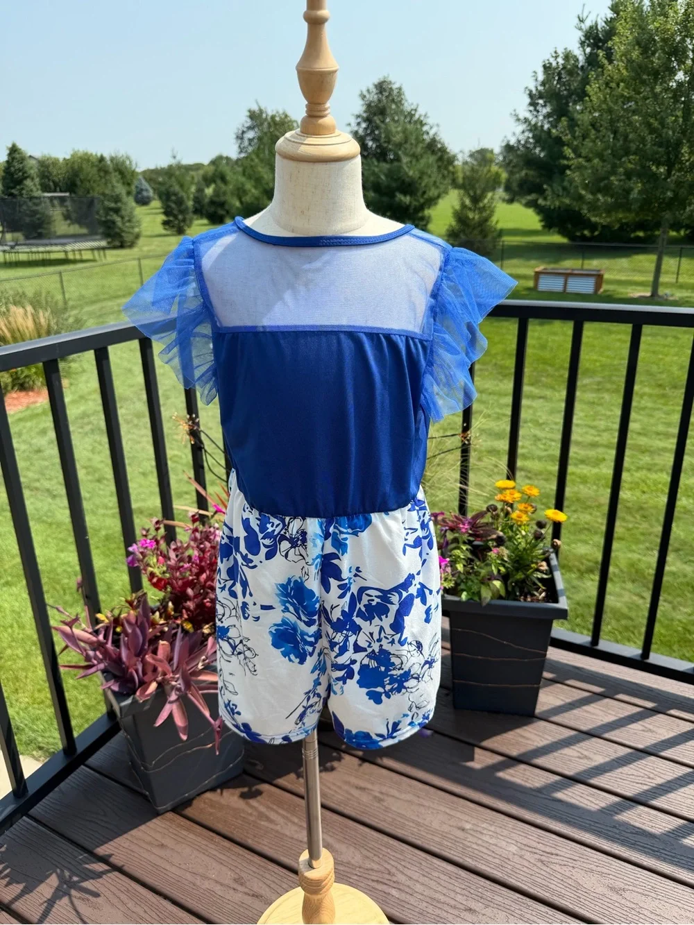 Girls Blue Floral Romper Size 9Y Sheer Ruffle Sleeve Summer Outfit