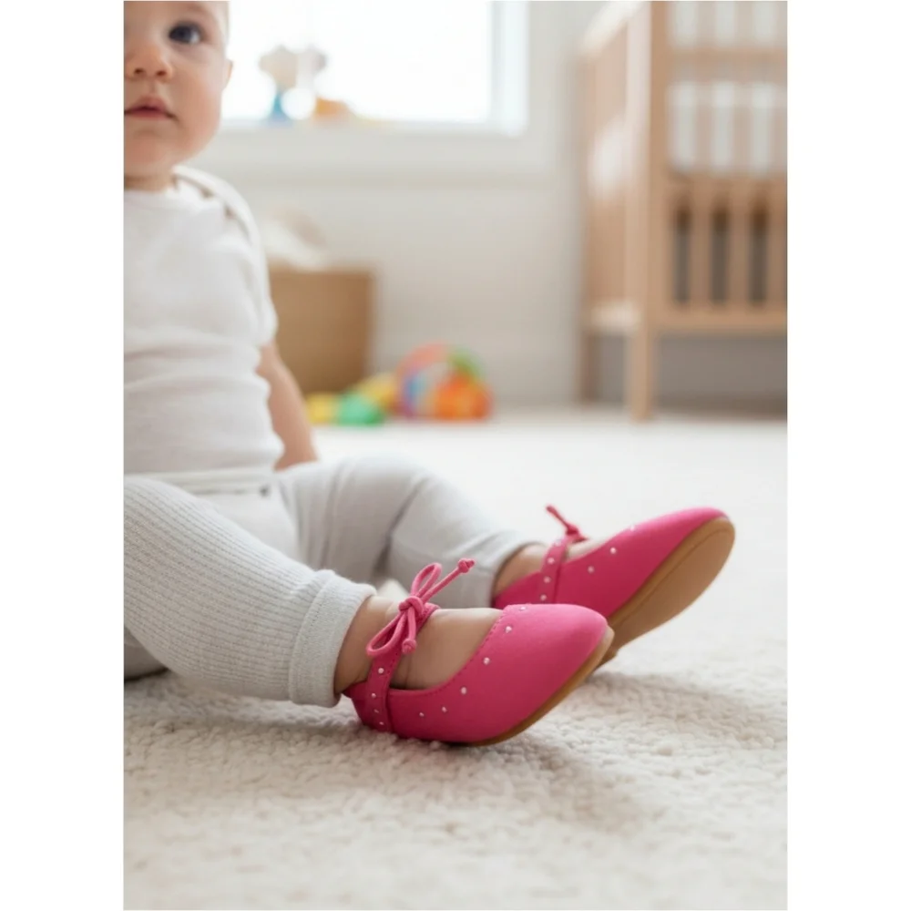 Fabkids ✦ Pink Suede Studded Bow Ballet Flats ✦ Elastic Strap Baby 6–12M NWT