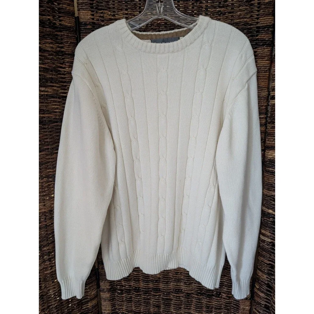 VTG Oscar de la Renta Cable Knit Sweater Mens XL Cream Coastal Old Money Preppy