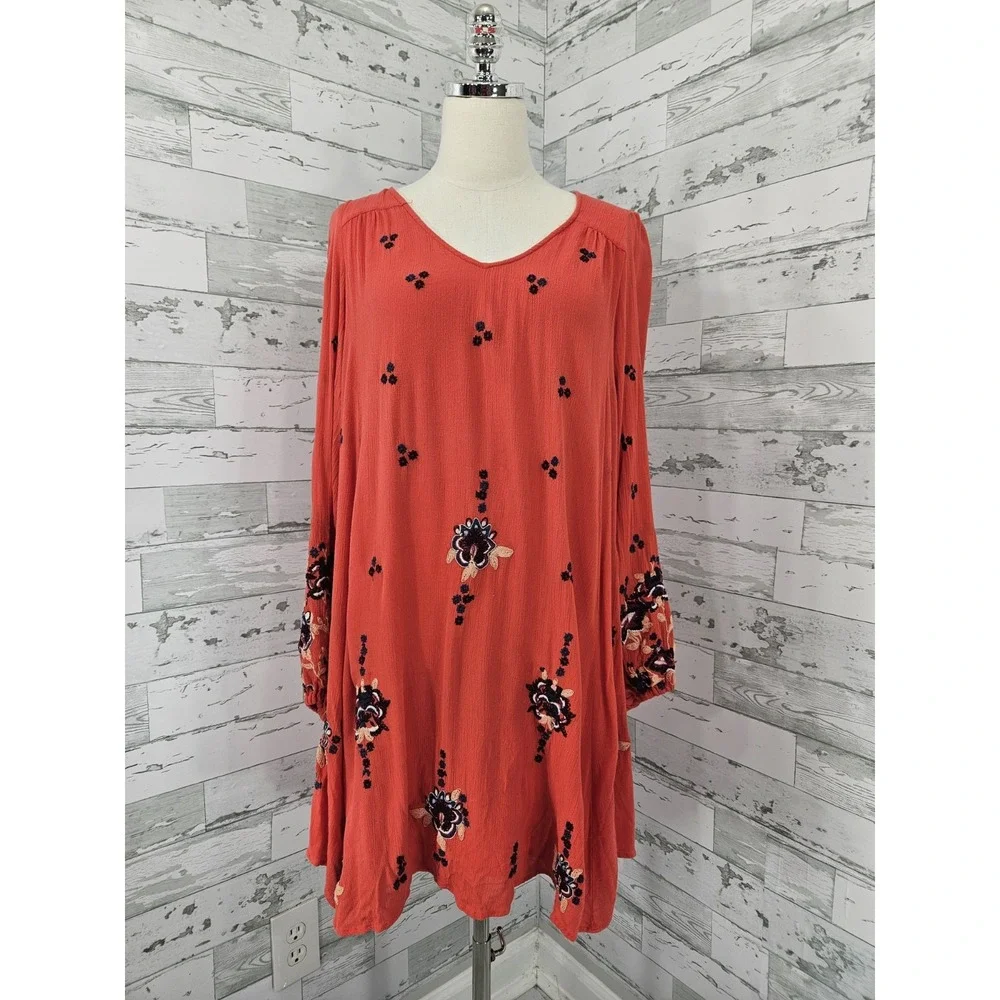 Free People Womens Xsmall Oxford Red Embroidered Floral Mini Dress