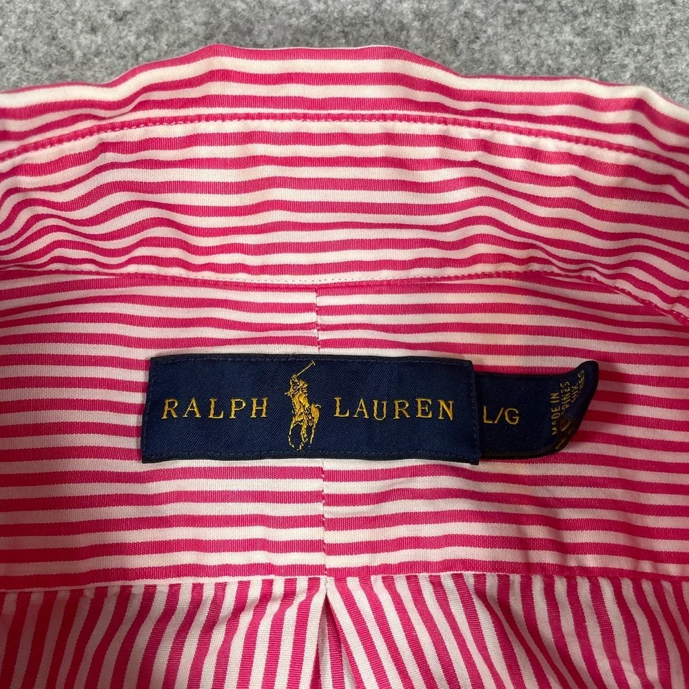 Polo Ralph Lauren Mens Shirt L Pink Striped Long Sleeve Classic Fit Prep Down