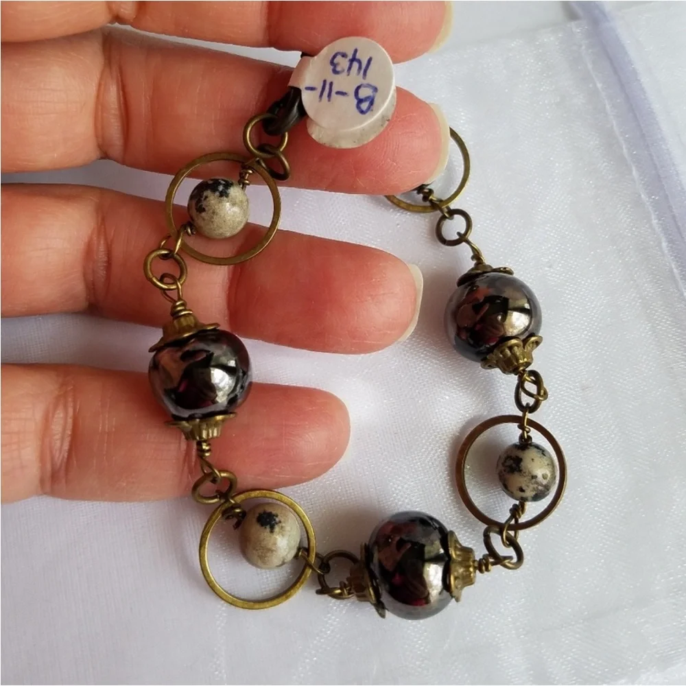 Genuine Dalmatian Jasper Gemstone & Ceramic Beads Brass Mixed Media Bracelet NEW