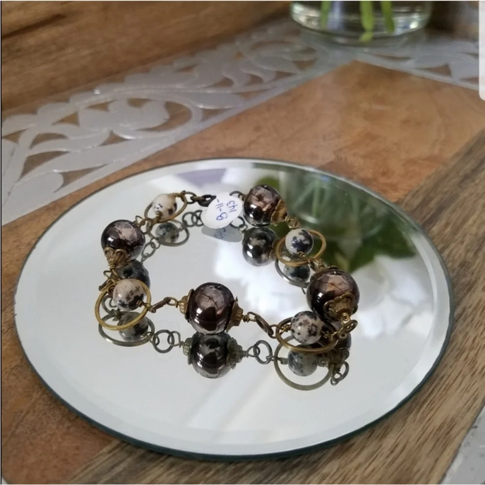 Genuine Dalmatian Jasper Gemstone & Ceramic Beads Brass Mixed Media Bracelet NEW