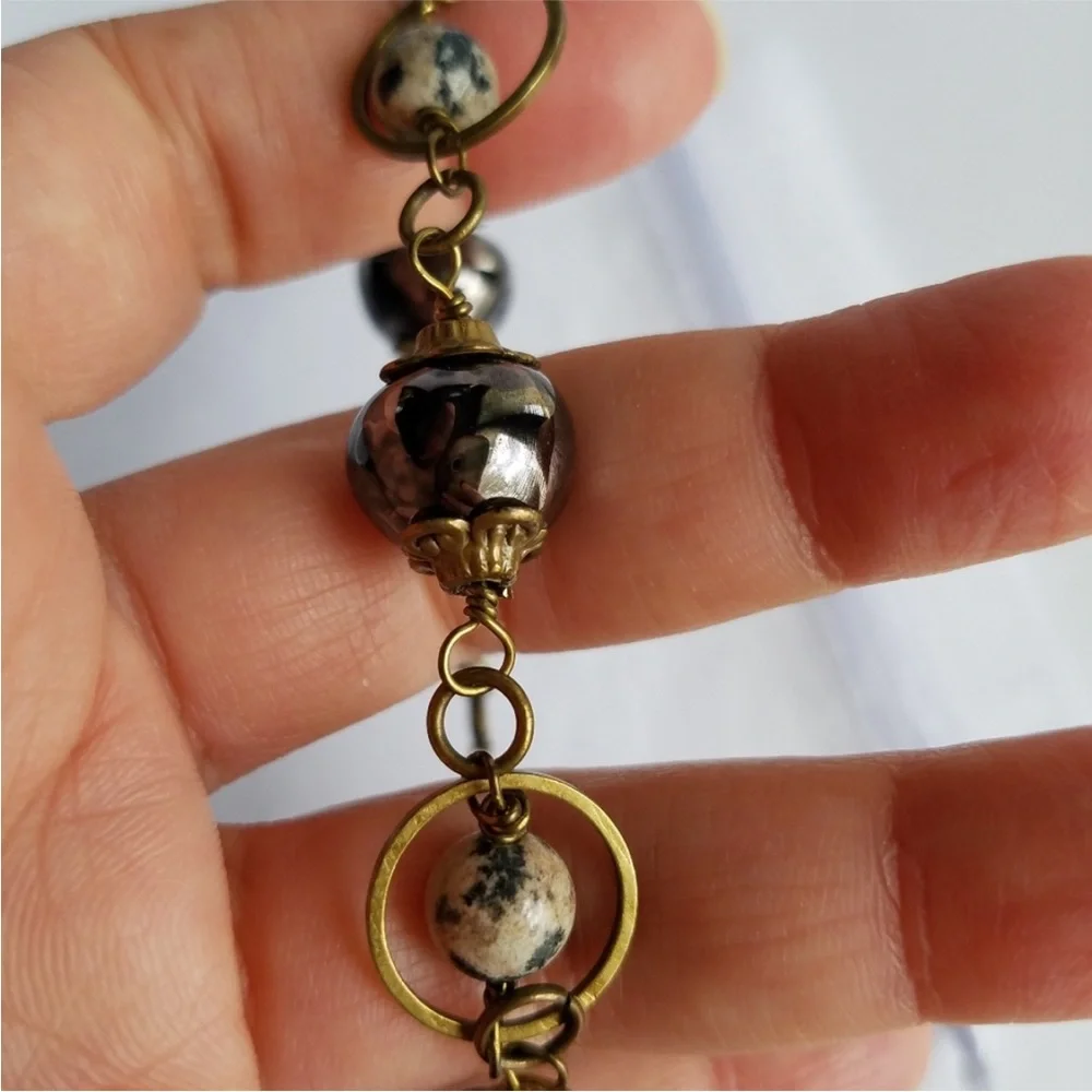 Genuine Dalmatian Jasper Gemstone & Ceramic Beads Brass Mixed Media Bracelet NEW