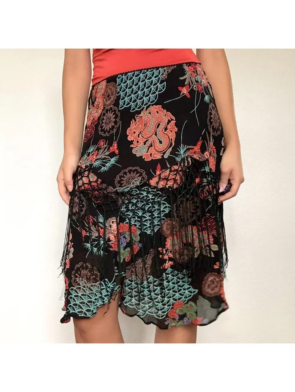 Y2K Lola P. black floral beaded fringe midi skirt