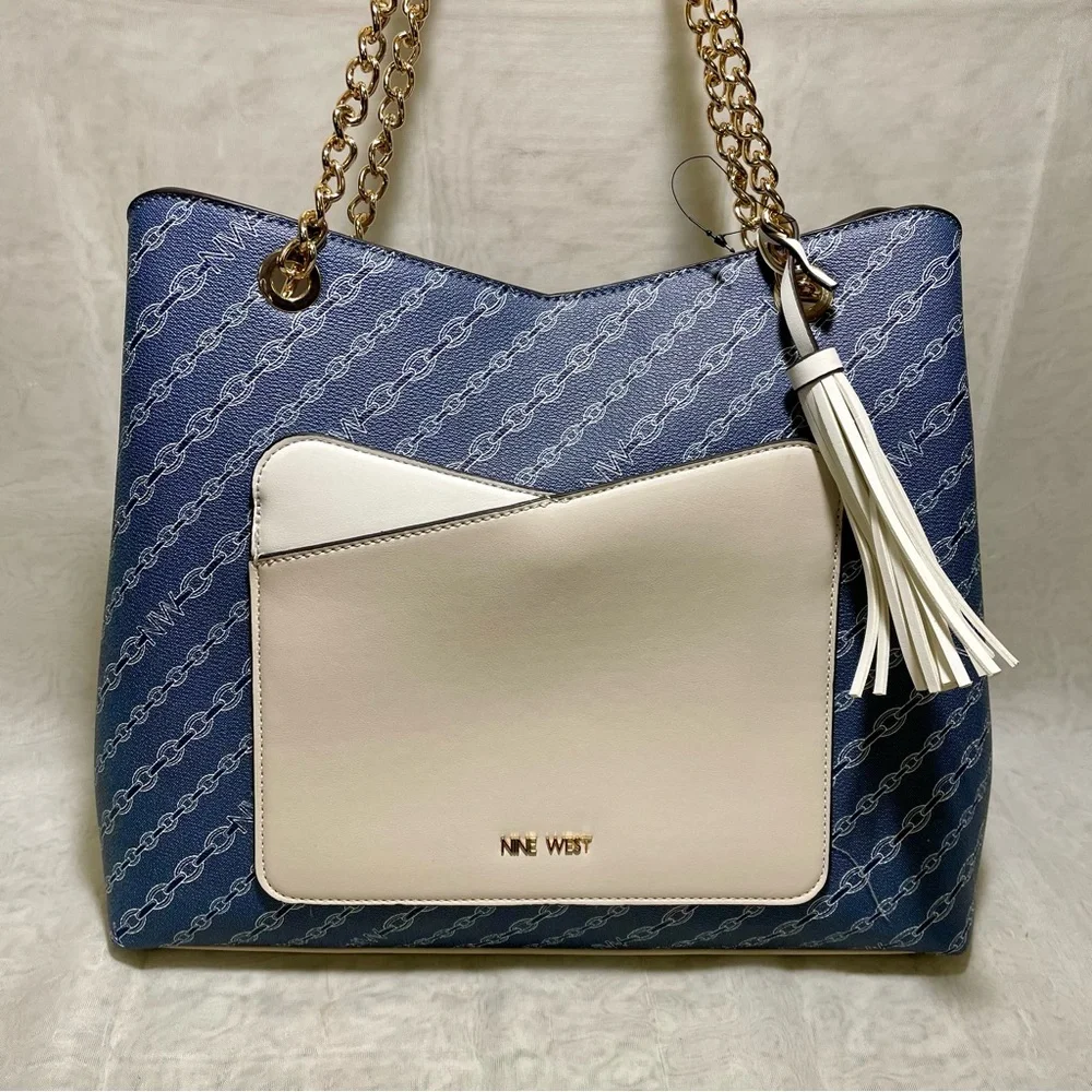 Nine West Navy Chain Link Design with Cream/White Accent Tote, NWOT