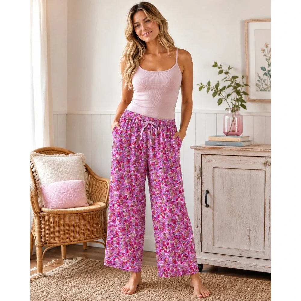 256. Lucky Brand Boho Pink Floral Elastic Waist Drawstring Lounge Pants Medium