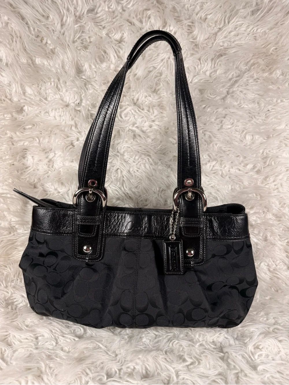 Coach Black Signature Jacquard Shoulder Bag with Leather Trim