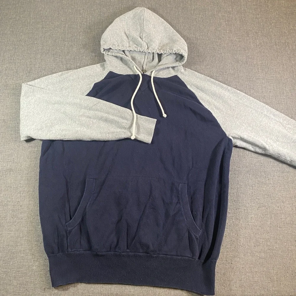 J Crew Mens Raglan Hoodie Pullover Navy Grey Cotton Large Lightweight Colorblock