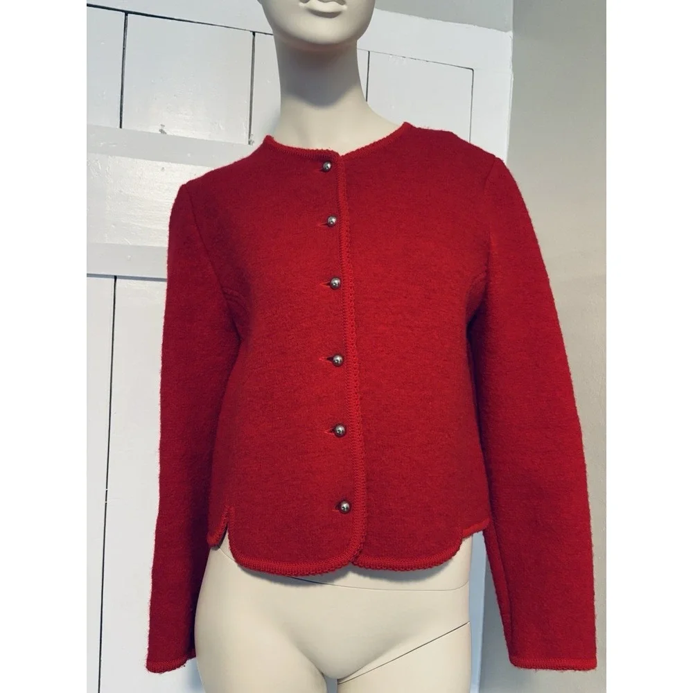 Vintage The‎ Eagles Eye Size 10 Boiled Wool Red Cardigan Sweater Silver Buttons