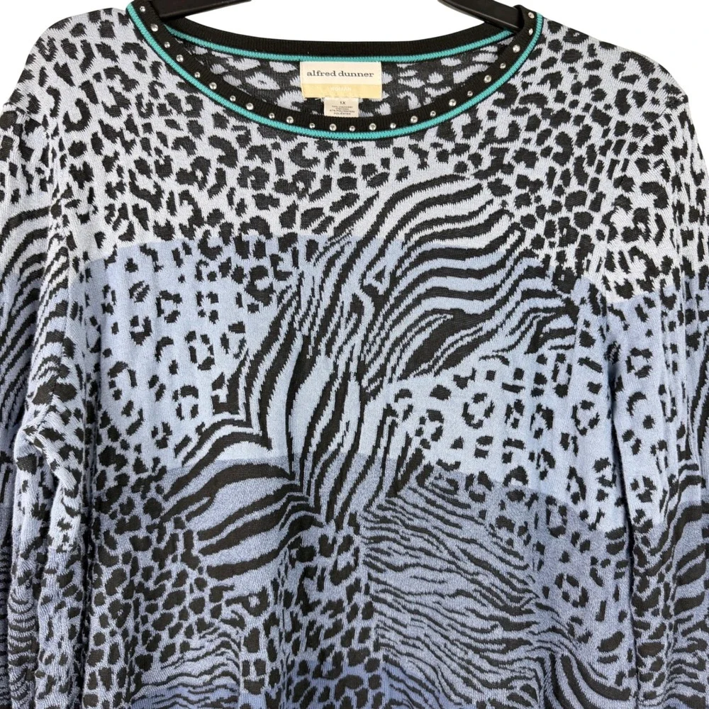Alfred‎ Dunner Sweater Womens 1XL Blue Animal Print Embellished Stones Plus Size