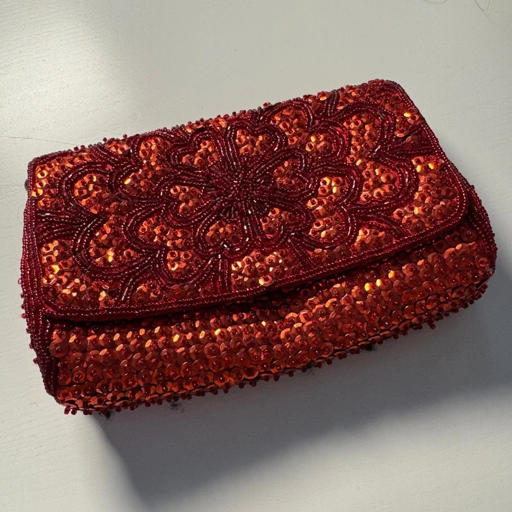 La Regale Vtg Red Beads Sequin Clutch Evening Bag Glam Wedding Guest Bridal Gala
