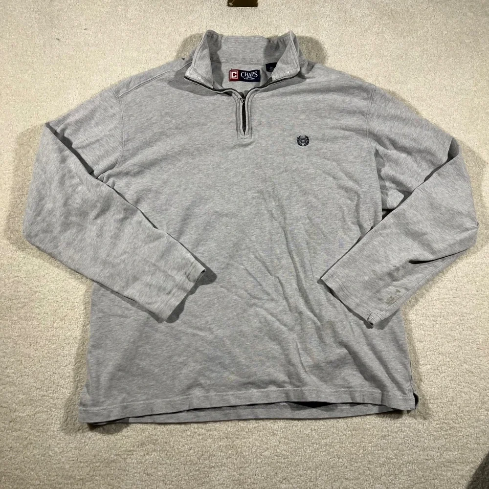 Chaps Quarter Zip Pullover Mens Large Gray Cotton Long Sleeve Crest Logo Sweater