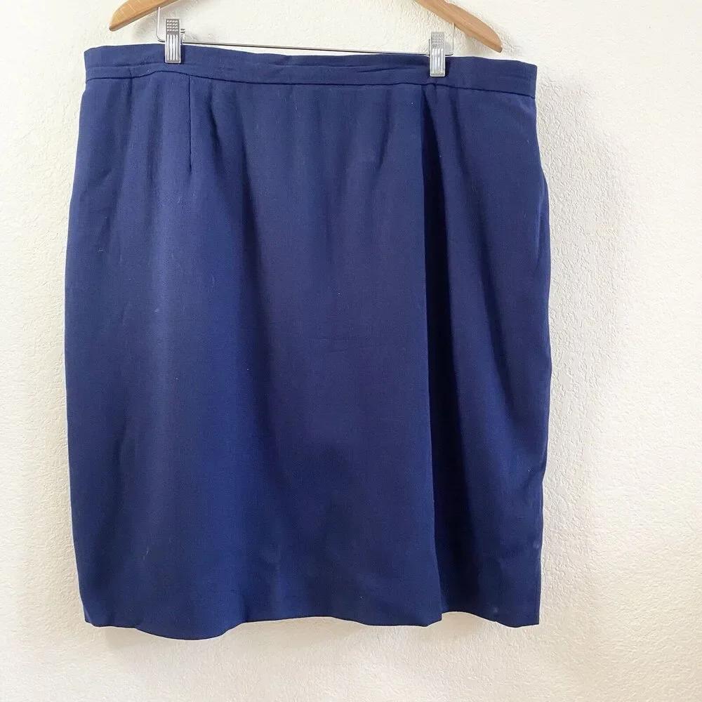 Vintage Jones New York Pencil Skirt 24W Navy Blue Wool Pleated Lined‎ Zipper