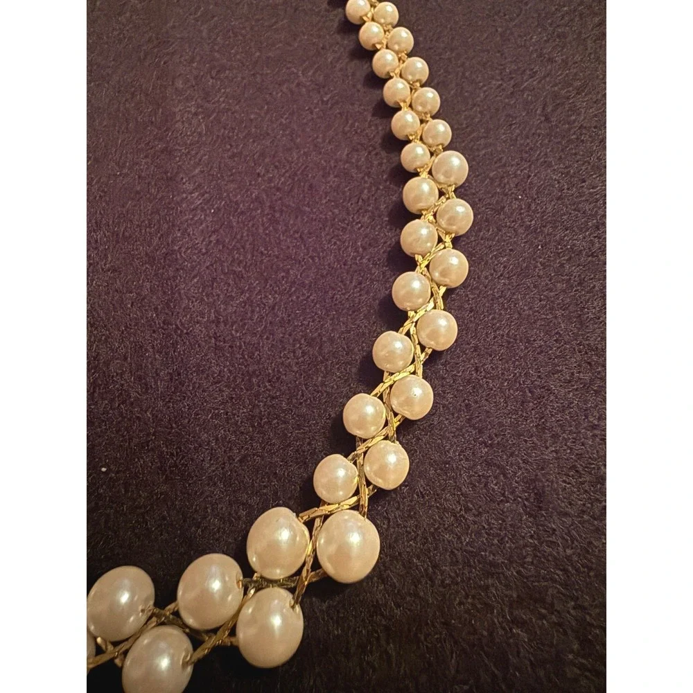 Vintage Faux‎ Pearl Graduated Collar Necklace Gold Tone Braided Chain Bridal Bib