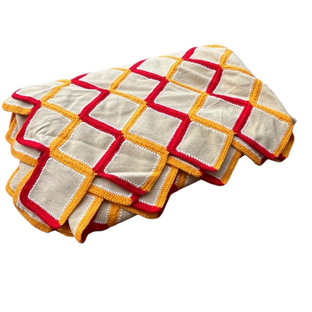 HANDMADE THROW 77x53” W/COLORFUL CROCHETED/WOOL GEOMETRIC‎ SQUARED PATTERN HEAVY