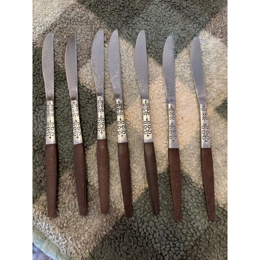 7‎ Interpur INR2 Stainless Knives Brown Faux Wood Handle Flatware MCM Japan