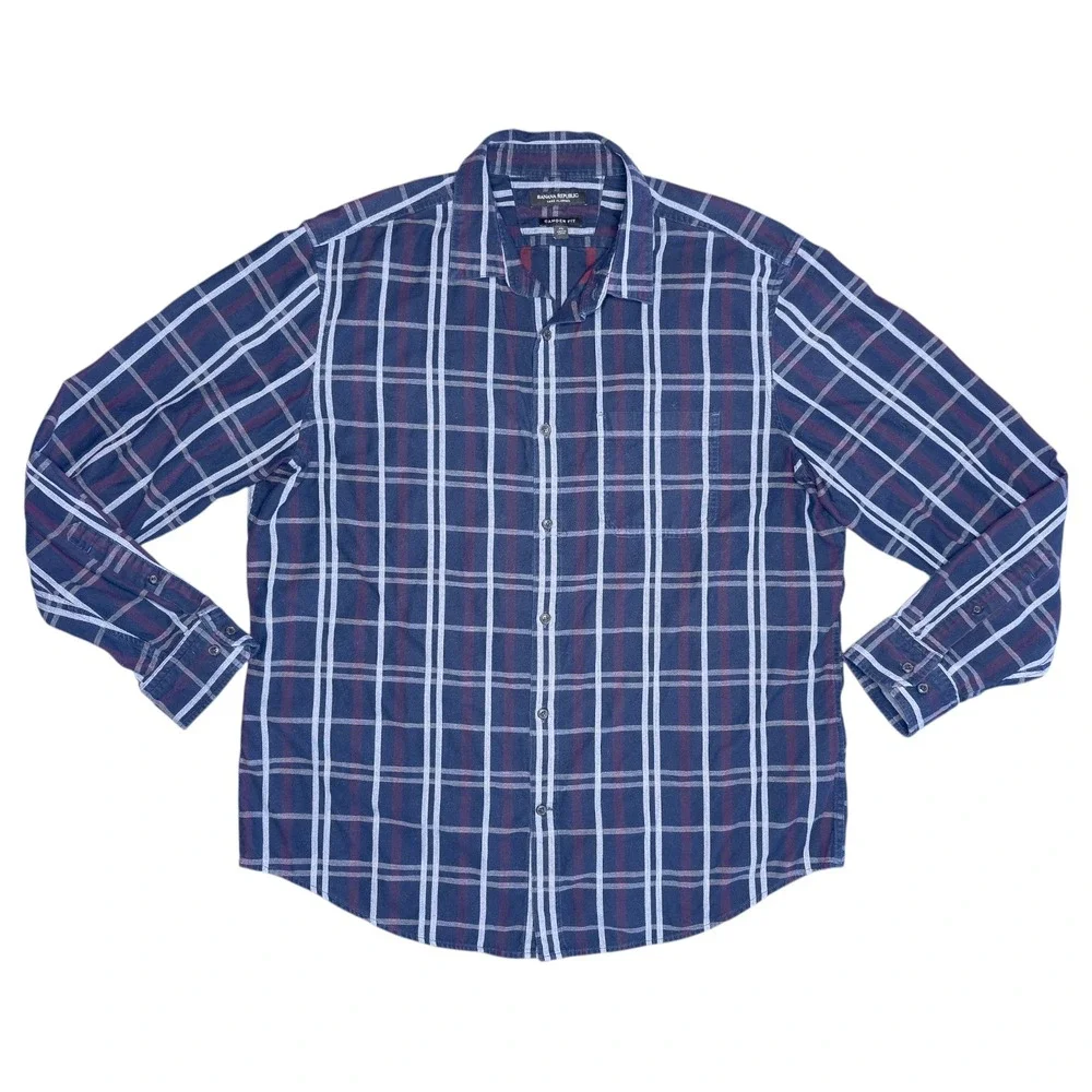 Banana‎ Republic Luxe Flannel Men's XL Blue Plaid Camden Fit Button Down Shirt