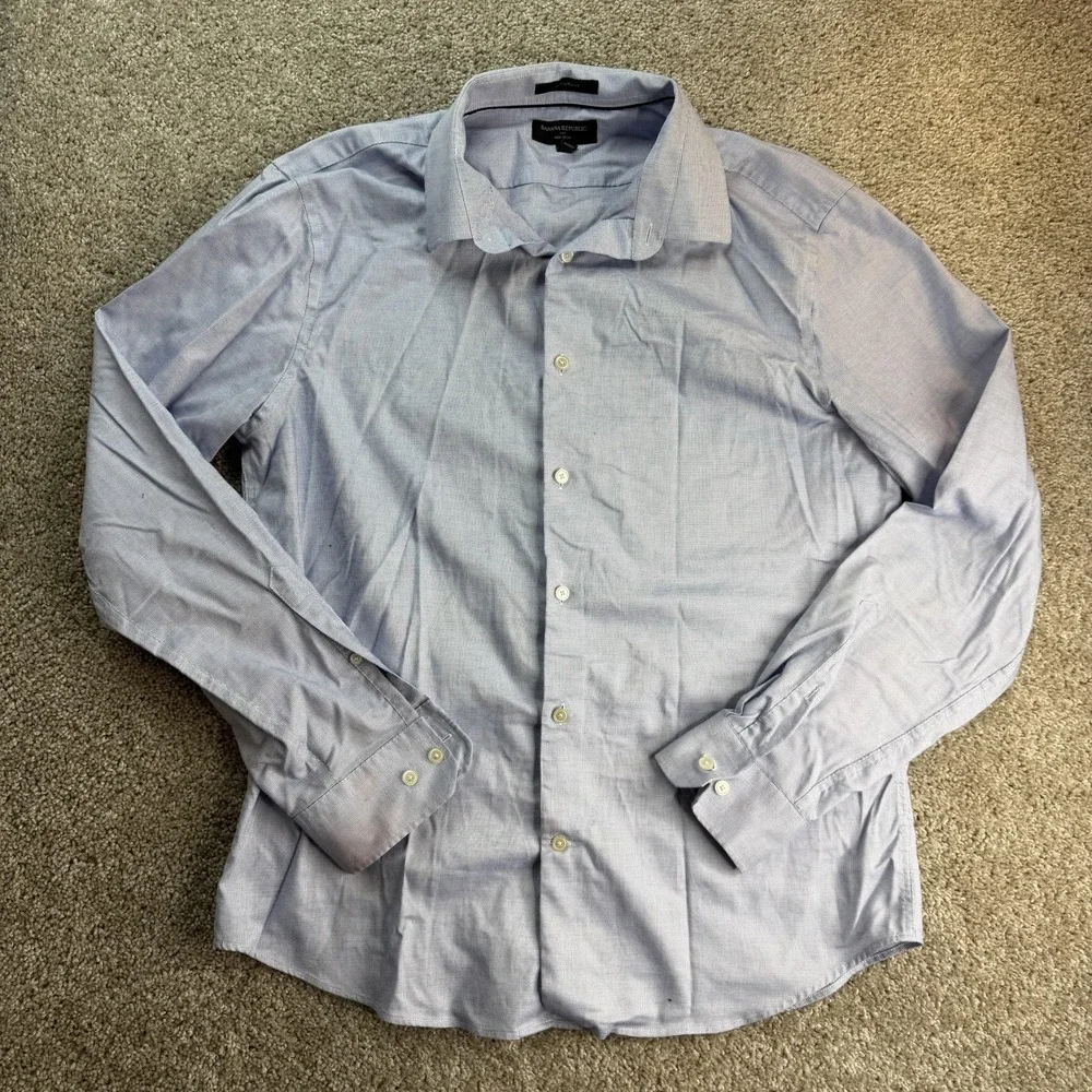 Banana Republic Dress Shirt Mens Large Blue Check Untucked Non Iron Long Sleeve