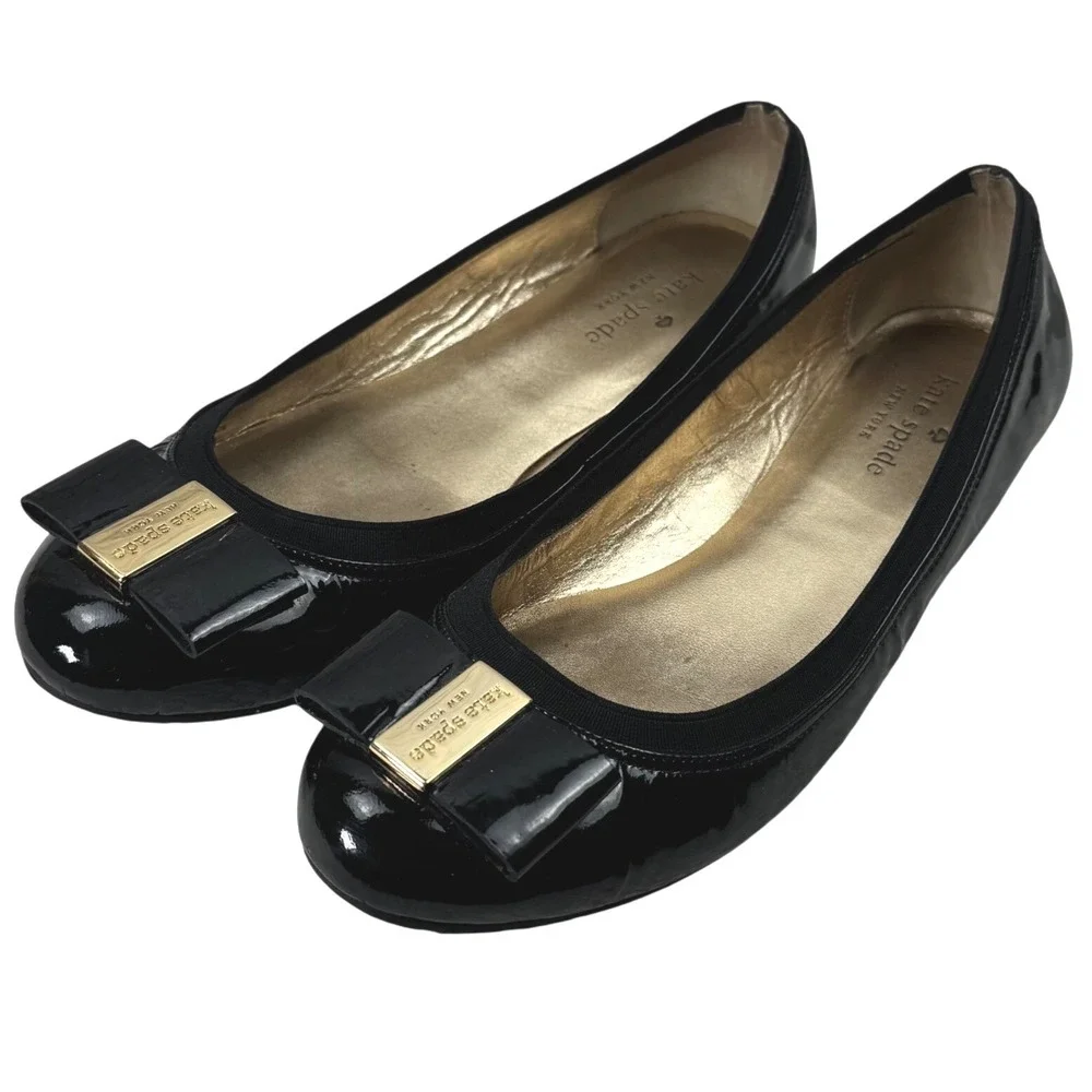 Kate Spade Ballet Flats Womens 8.5M Black‎ Patent Leather Bow Gold Logo Designer