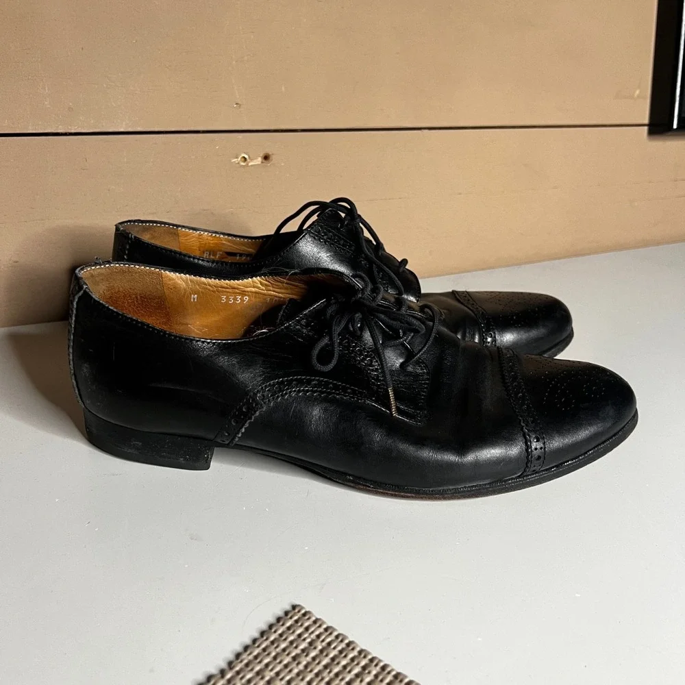 Polo Ralph Lauren Mens Black Leather Cap Toe Brogue Oxford Dress Shoes 10.5 D‎