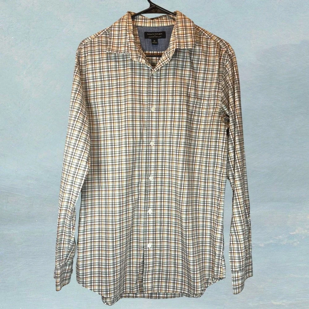 Banana Republic Mens Medium Button Up Shirt Tan Plaid Soft Wash Stretch Slim Fit