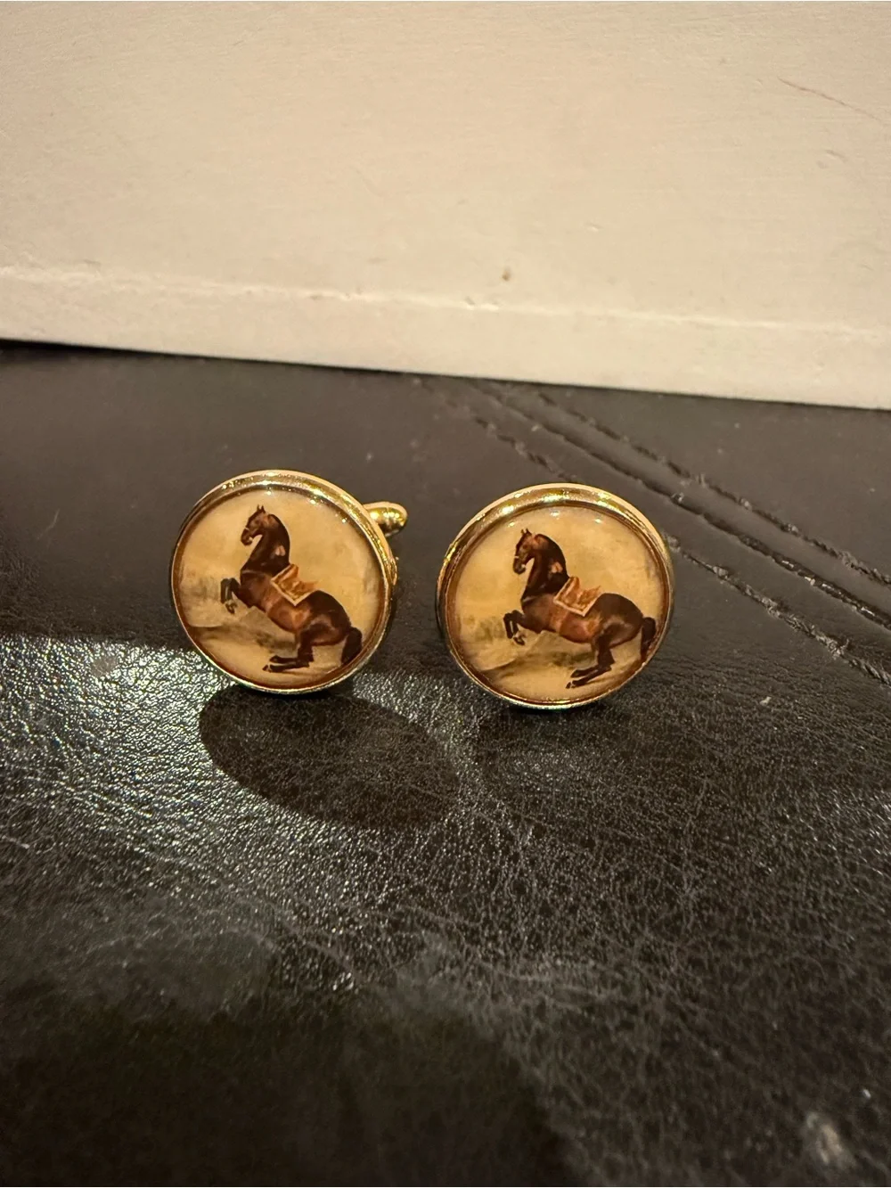 Gold-Tone Equestrian Horse Cufflinks - Brown/Beige