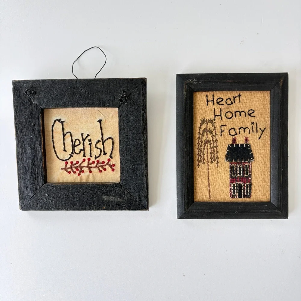 Primitive Folk Art Embroidered Framed Art Set Cherish Heart Home Family Black