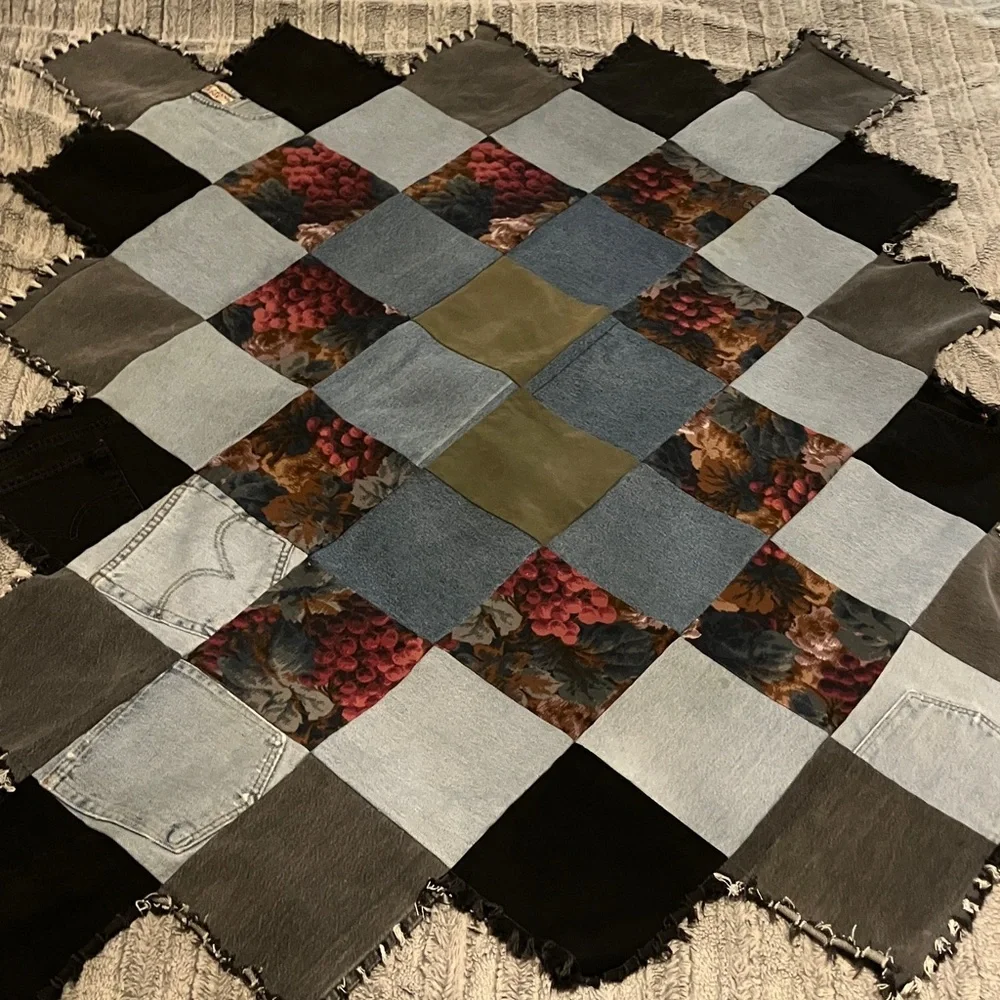 Patchwork Denim and Floral‎ Throw Blanket