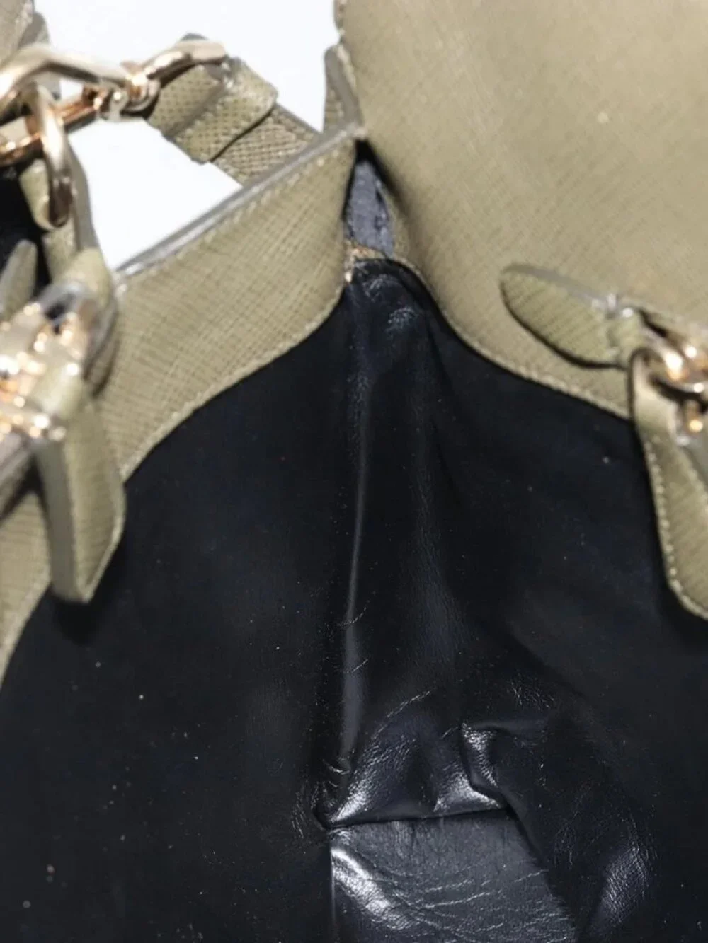 PRADA Cuir Open Promenade Satchel Bag Saffiano 2way Khaki Gold Auth