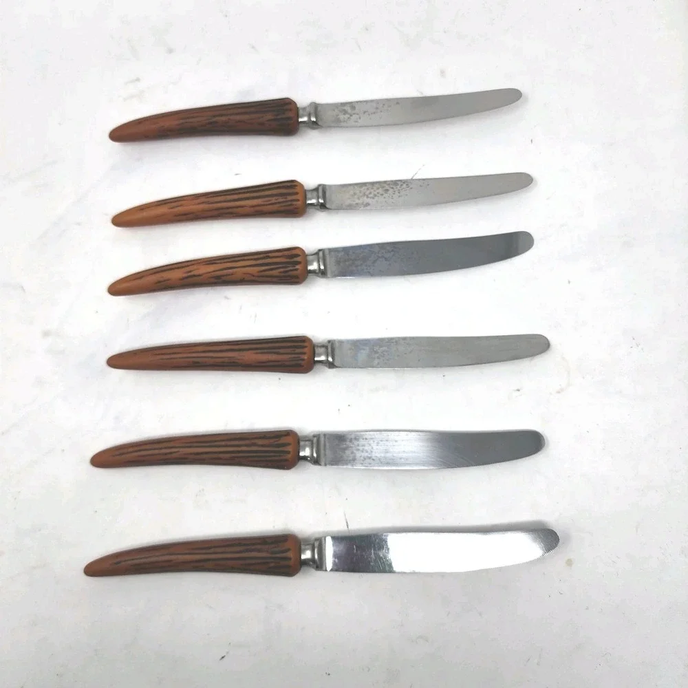 E. Parker‎ & Sons 6 Stainless Knives Sheffield England VTG Bakelite Faux Antler
