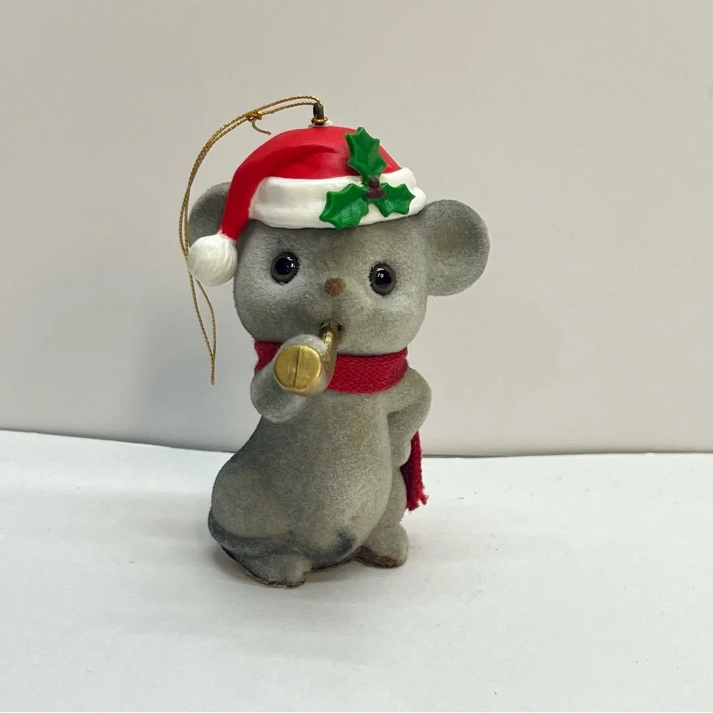 vintage flocked mouse christmas ornament‎ santa hat horn 3 inch