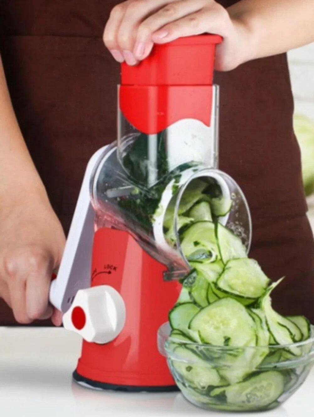 NIB Red 3-in-1 Rotary Cheese Grater & Tumbling-Box Veggie Shredder