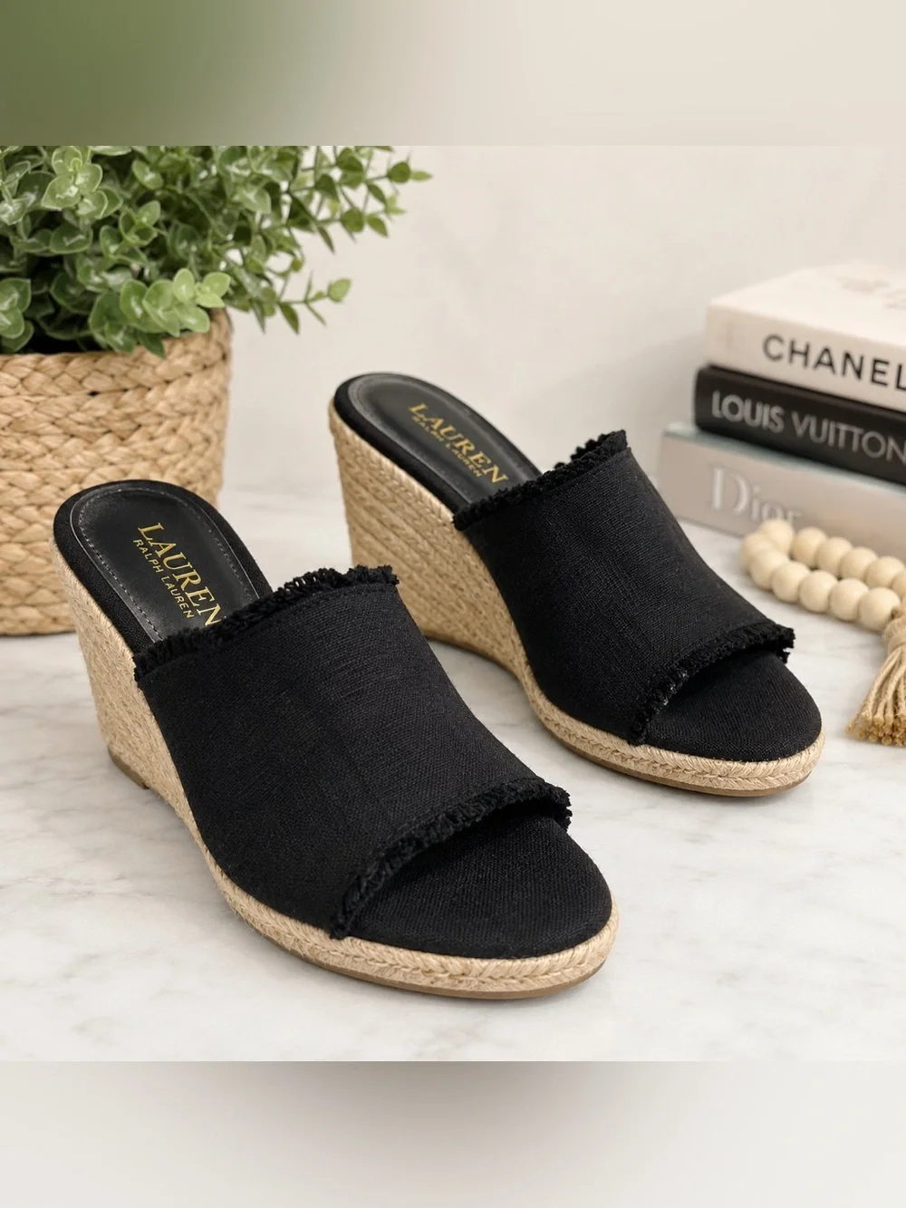 Lauren Ralph Lauren Carlynda Black Linen Espadrille Wedge Sandals 7.5 B