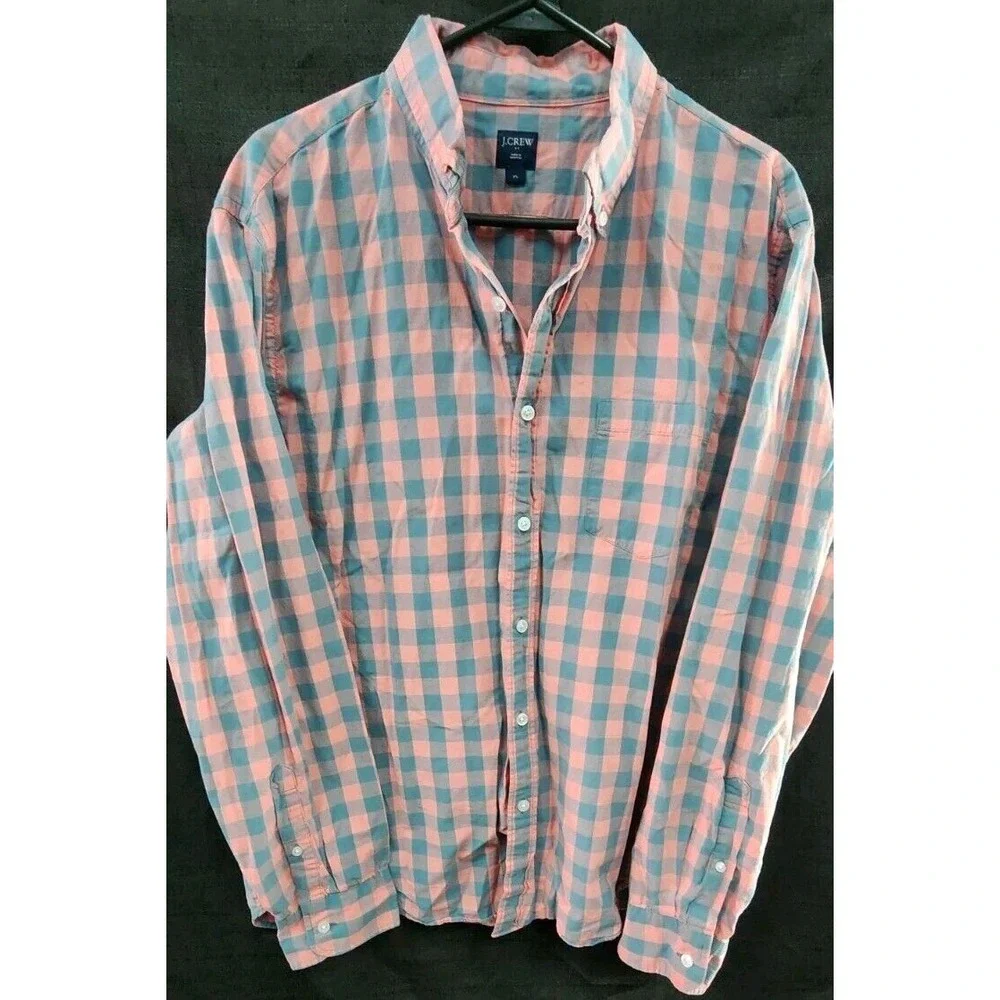 J.‎ Crew Button Up Shirt Mens Xlarge Long Sleeve Pink Grey Check Plaid XL EUC