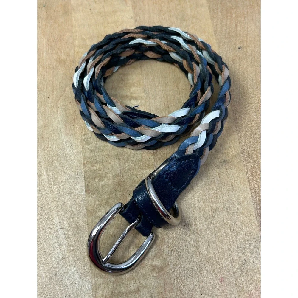 Bohemeian Belt Womens SM Multi Blue Tan White Braided Genuine Leather Woven Boho