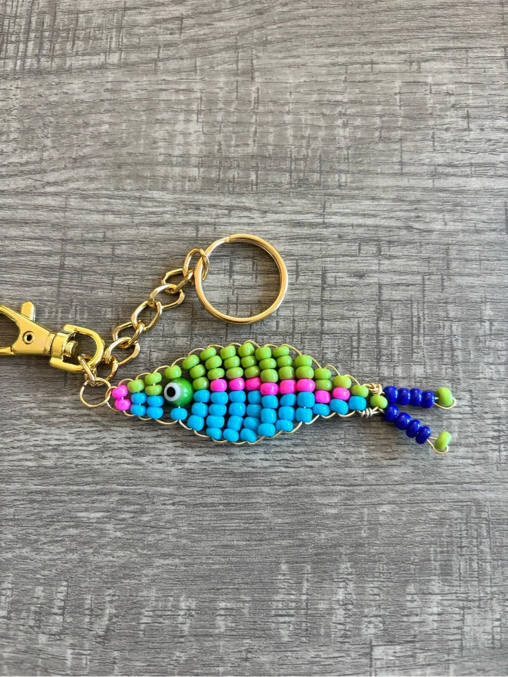 Beaded Fish Key & Card Holder Charm in Blue, Green & Pink