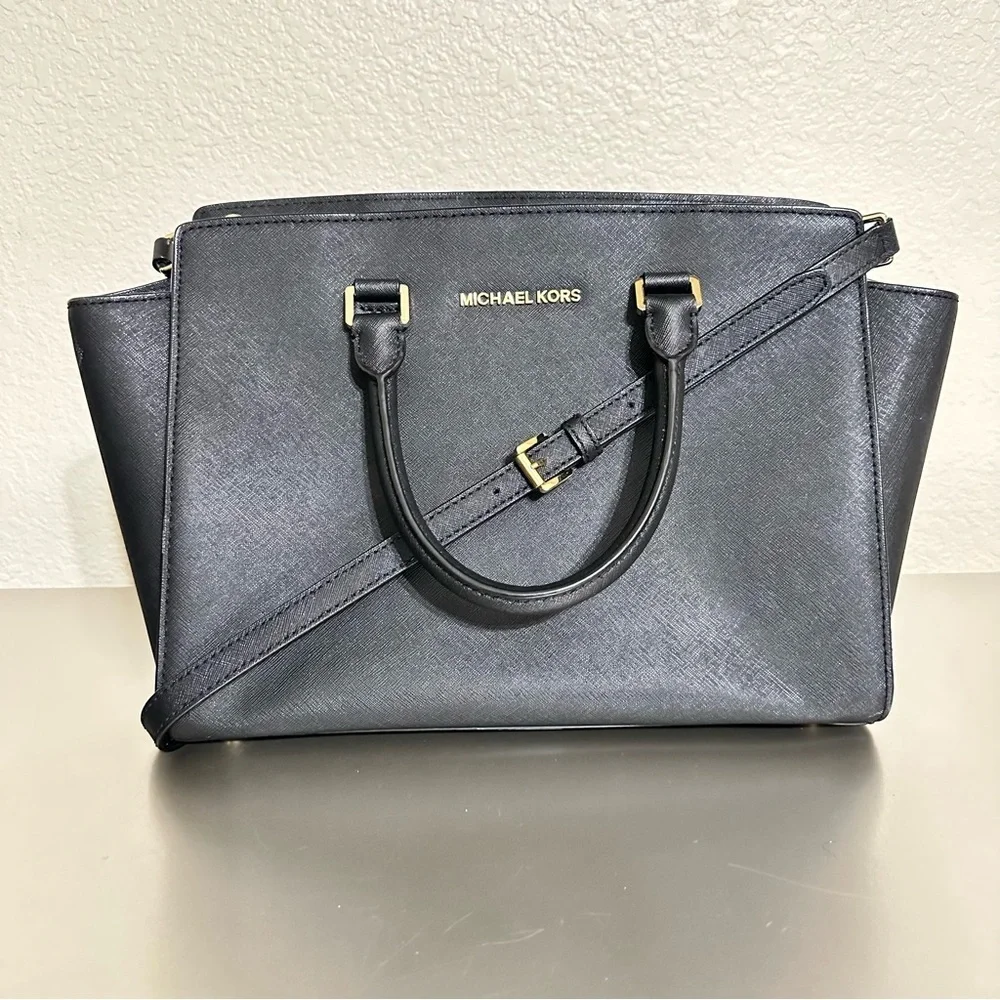 Michael Kors Selma Large Black Saffiano Leather Satchel Tote Crossbody Bag