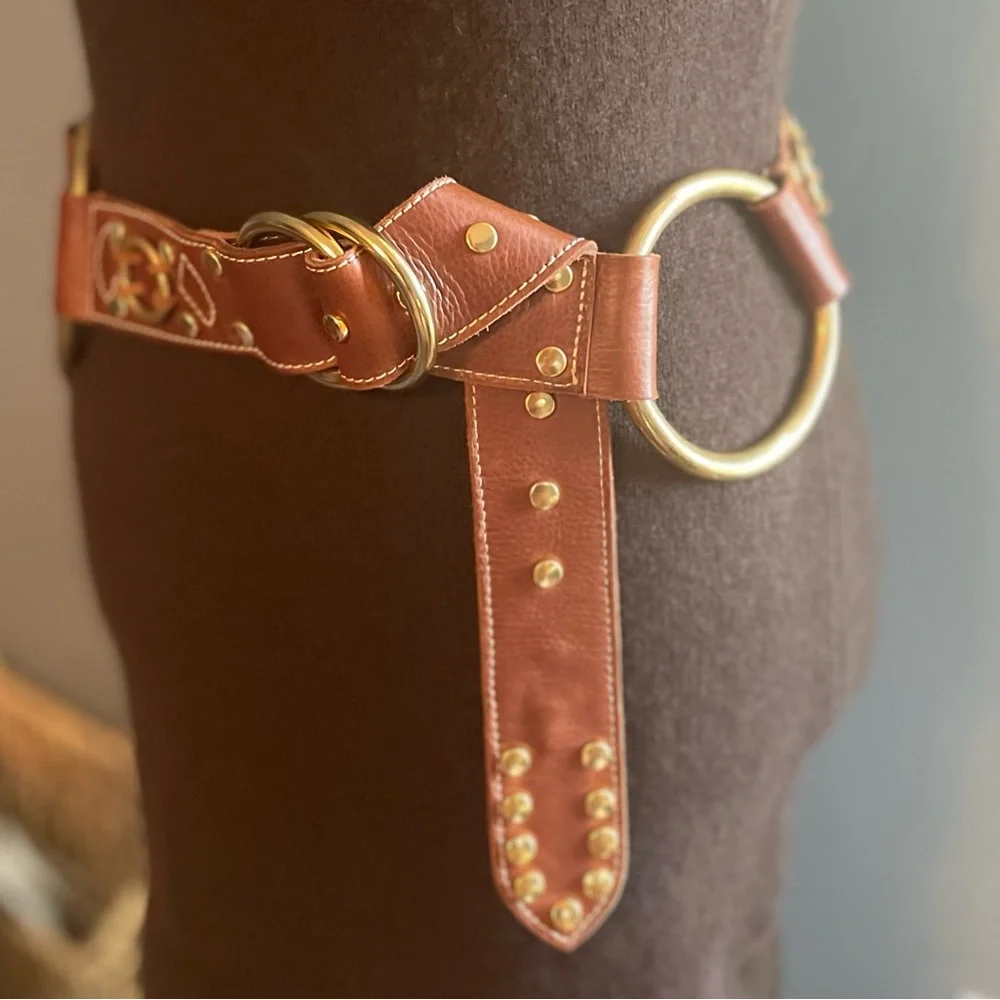 Coco Bianco Brown Leather Gold-Accent Ring Belt