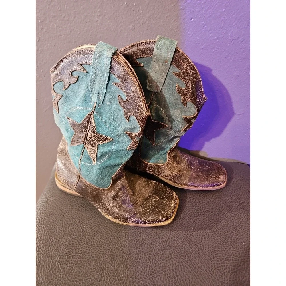 Roper Kids Youth Sz 3 Blue Cowboy Western Boots Square Toe‎ Pull On Lots Of Wear