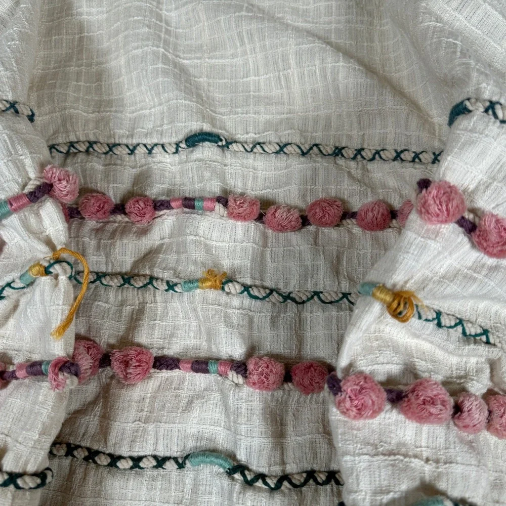 Anthropologie Embroidered Pom Pom Curtain Panel Pair Cream Ivory 50x96 Boho‎