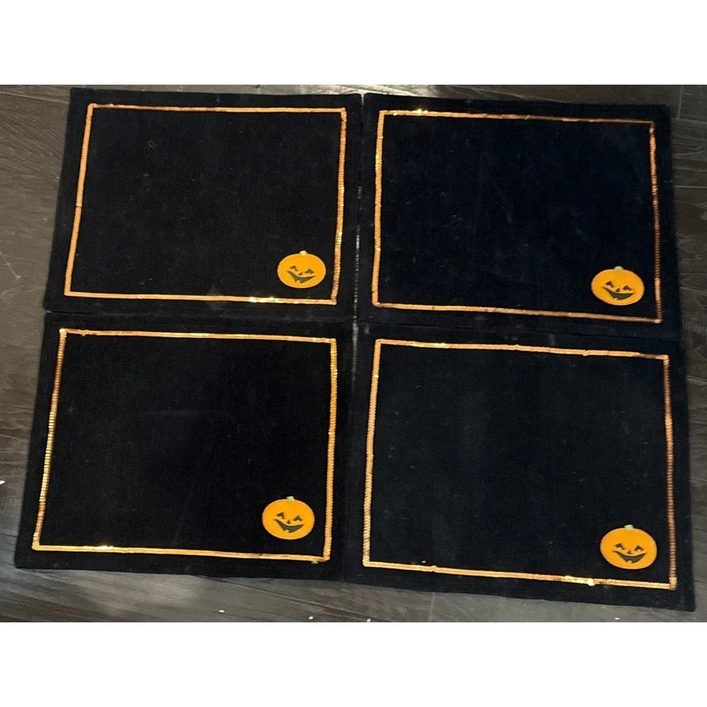 Halloween Black Velvet Orange Sequins‎ Placemats Pumpkins Set Of 4