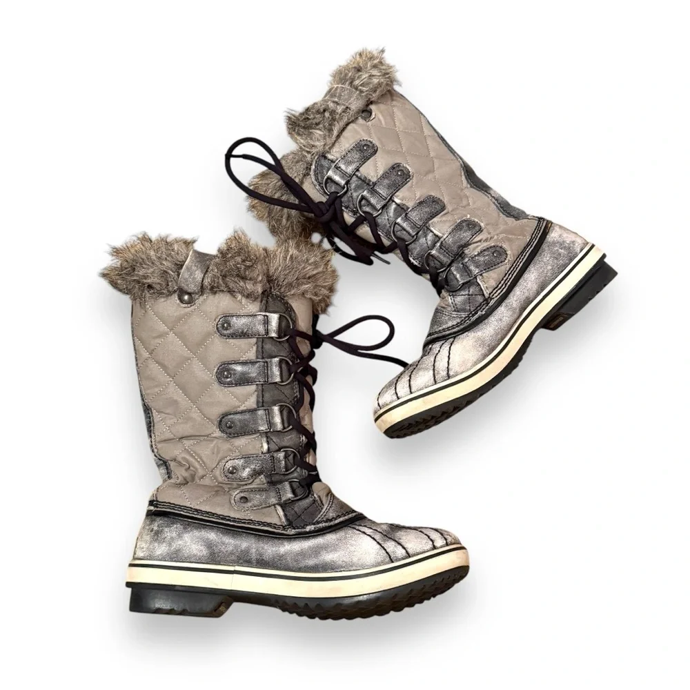 Sorel Tofino Tall Gray Waterproof Lace Up Distressed Faux‎ Fur Snow Boots Sz 7.5