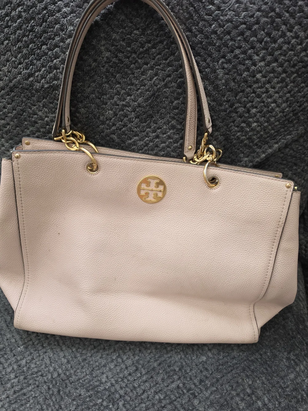 Tory Burch Blush Pebbled Leather Shoulder Tote with Gold Hardware