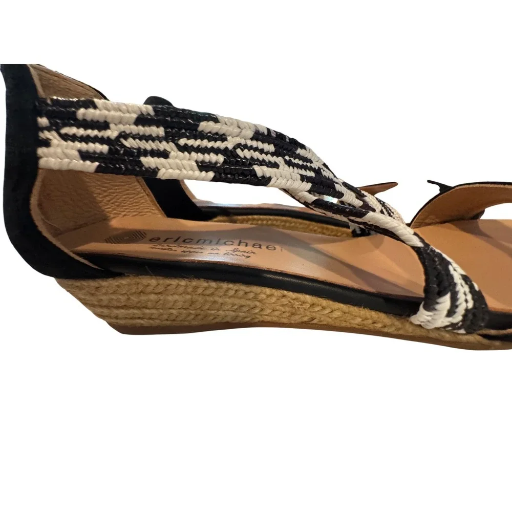 Eric Michael Black White Woven Espadrille Wedge Sandals Made in Spain Size 40