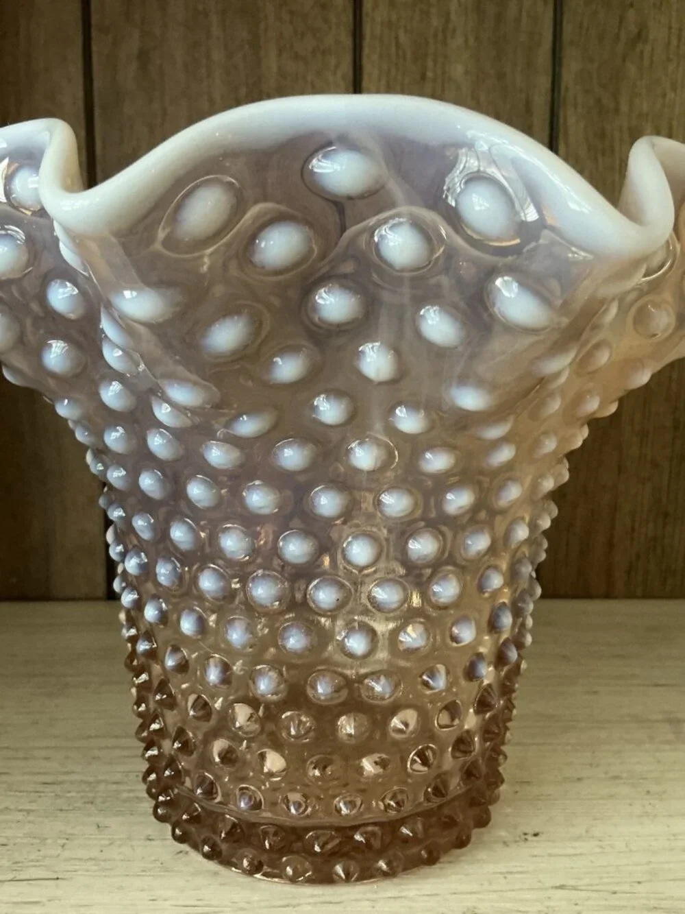 Duncan & Miller Pink Opalescent Hobnail Ruffled Vase 7