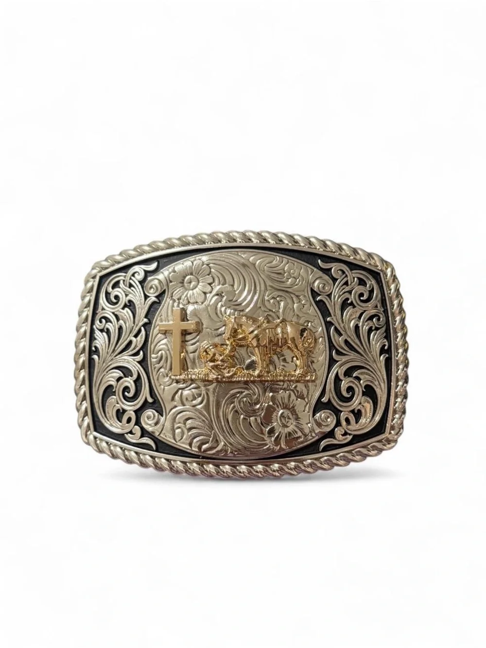 Silver and Gold Western Cross Rodeo Belt Buckle