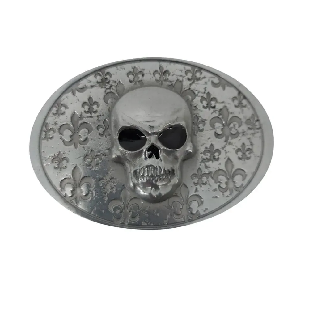 Oval Biker Skull Belt Buckle Silver Tone Fleur De Lis Punk
