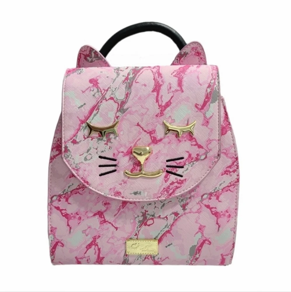 Betsey Johnson Pink Marbled Cat Design Backpack Purse